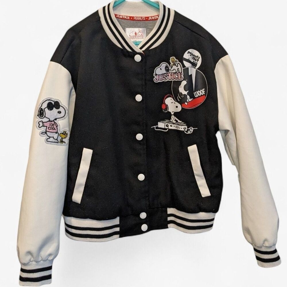 Justice Peanuts And Snoopy Varsity Jacket Girls Size 7/8 Snap Front Rare
